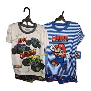 Super Mario & Hot Wheels Boy's 2 Piece Shirt & Short Pajama Sets. Sz 6/7 NWT